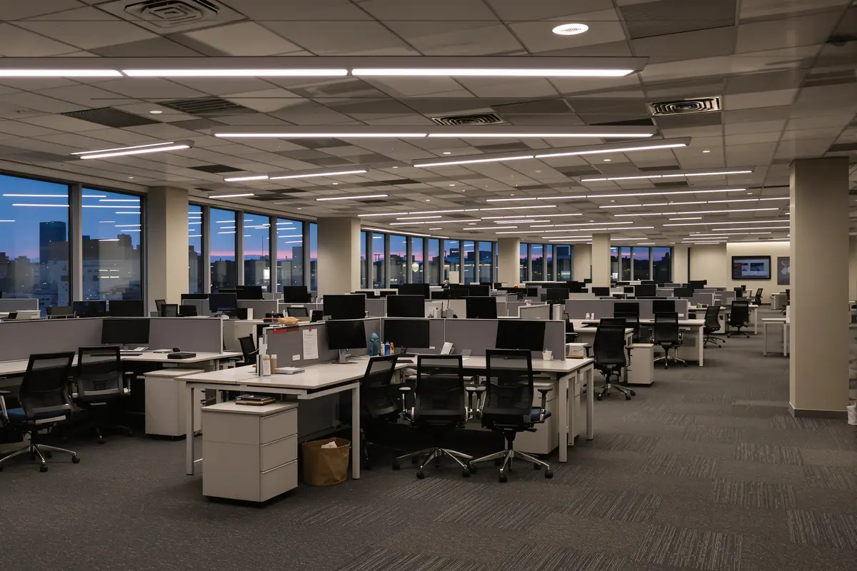 An empty open-plan office after hours, desks clear and carpet vacuumed
