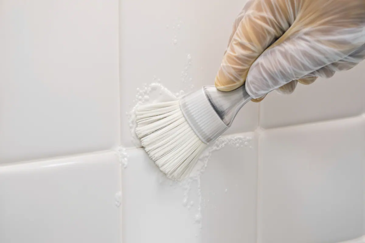 A detail brush scrubbing tile grout in a bathroom