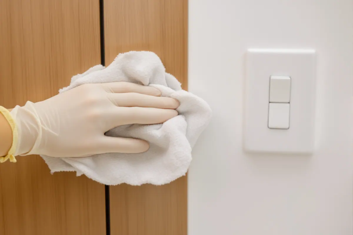 A gloved hand wiping a door handle with a disinfectant cloth