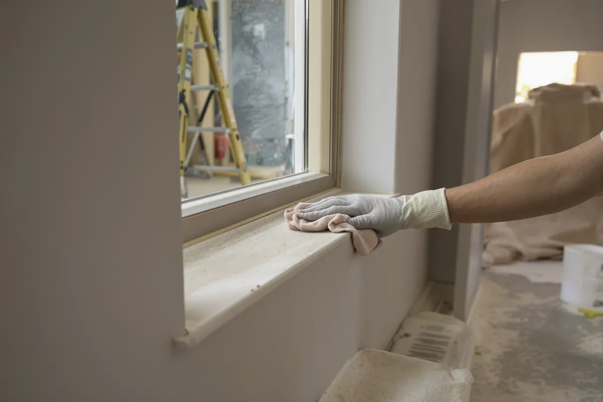 Construction dust being wiped from a windowsill in a freshly renovated room