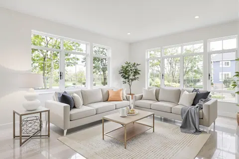 A bright, freshly cleaned living room staged for listing photography