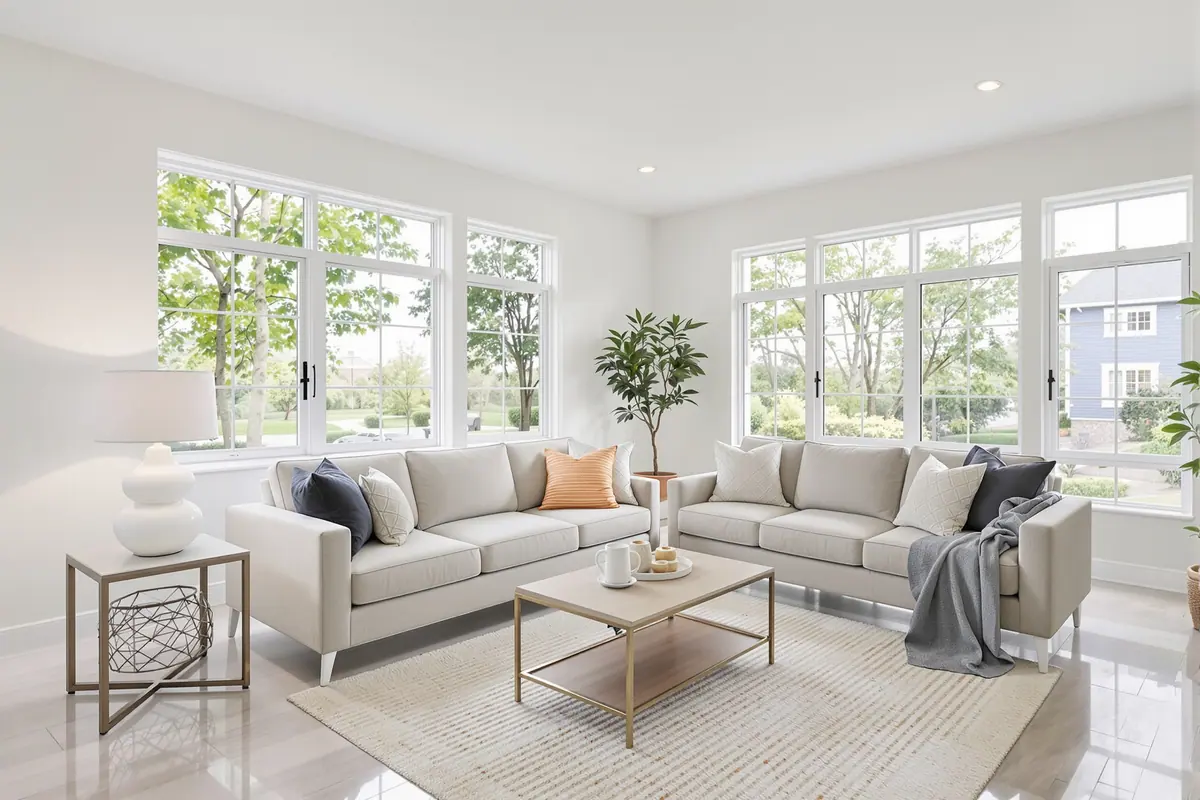 A bright, freshly cleaned living room staged for listing photography