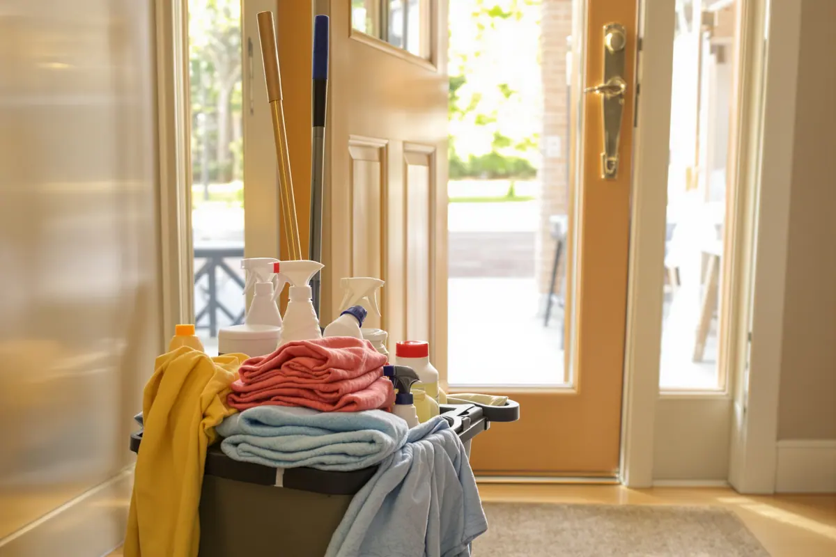 A cleaning caddy and mop resting inside the front door of a home